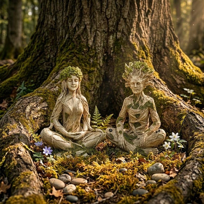 |Mother Earth & Forest God Tree Root Meditating Statue, Resin Garden Decor Figurines (2 Styles)